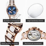 OLEVS Watches for Women Automatic Mechanical Self Winding Rose Gold Ladies Watch Diamond Dress Ceramic Bracelet Waterproof Female Wrist Watch