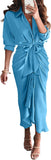 BTFBM Summer Dresses for Women 2025 Long Sleeve Lapel V Neck Button Down Elegant Belted Ruched Satin Shirt Fall Dress