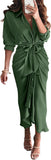 BTFBM Summer Dresses for Women 2025 Long Sleeve Lapel V Neck Button Down Elegant Belted Ruched Satin Shirt Fall Dress