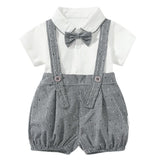 stylesilove Baby Boys Short Sleeve Collared Bodysuit and Suspender Shorts, Bowtie 3pcs Gentleman Set Cotton Overalls Outfit