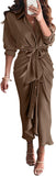 BTFBM Summer Dresses for Women 2025 Long Sleeve Lapel V Neck Button Down Elegant Belted Ruched Satin Shirt Fall Dress