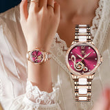 OLEVS Watches for Women Automatic Mechanical Self Winding Rose Gold Ladies Watch Diamond Dress Ceramic Bracelet Waterproof Female Wrist Watch