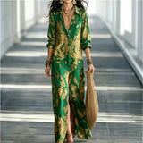 Women's Floral Print Chiffon Turn-Down Collar Split Maxi Dress | Resort Beach Dress