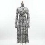 Women's Stand Collar Long Sleeve Plaid Pleated Maxi Dress – High Waist A-Line