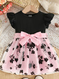 Children's Floral Print Mesh Bowknot Toddler Dress