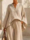 Full Size Notched Long Sleeve Top and Wide-Leg Pants Set Plus Size