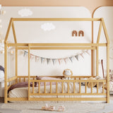 Twin Size Floor Wooden Bed with House Roof Frame