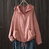 Women's Loose-Fit Hooded Button-Down Top with Drawstring Hem