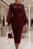 Mesh Yoke Lantern Sleeve Midi Sheath Dress