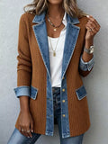 Full Size Denim Trim Ribbed Knit Jacket Plus Size