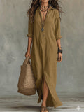 Women's Solid Color Notch Lapel Front Slit Maxi Dress | Casual Long Shirt Dress