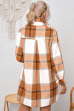 Khaki Plaid Pattern Collared Neck Ruffled Shirt Dress