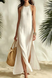 Striped Sleeveless Split Maxi Dress – Vacation & Casual Linen Dress