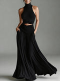 Women's Sleeveless High-Neck Top & Elegant Long A-Line Dress Two-Piece Set