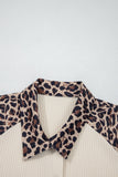 White Ribbed Texture Button Down Leopard Patchwork Short Sleeve Shirt