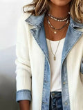 Full Size Denim Trim Ribbed Knit Jacket Plus Size