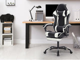 Gaming Chair with Footrest, Ergonomic Computer Chair, Black White Leather
