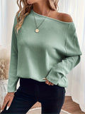 2025 Autum New Women's Clothing Knitted Tops Waffle Slanted Shoulder Pullover T-Shirt