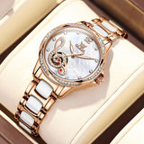 OLEVS Watches for Women Automatic Mechanical Self Winding Rose Gold Ladies Watch Diamond Dress Ceramic Bracelet Waterproof Female Wrist Watch