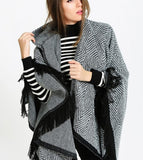 stylesilove Women Diamond Knit Open Front Hooded Poncho Fringe Black Geometric Cape Oversized Cardigan Fall Winter Wrap Shawl