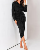 BTFBM Summer Dresses for Women 2025 Long Sleeve Lapel V Neck Button Down Elegant Belted Ruched Satin Shirt Fall Dress