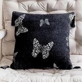 Fennco Styles Jacquard Butterfly Tassel Decorative Filled Throw Pillow 18" W X 18" L – Black Woven Square Cushion for Couch, Sofa, Bedroom, Office and Living Room Décor