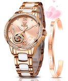 OLEVS Watches for Women Automatic Mechanical Self Winding Rose Gold Ladies Watch Diamond Dress Ceramic Bracelet Waterproof Female Wrist Watch