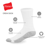 Hanes Mens Double Tough Socks, 12-pair Pack Crew Socks, White/Grey Foot Bottom, 6-12