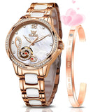 OLEVS Watches for Women Automatic Mechanical Self Winding Rose Gold Ladies Watch Diamond Dress Ceramic Bracelet Waterproof Female Wrist Watch
