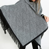 stylesilove Women Diamond Knit Open Front Hooded Poncho Fringe Black Geometric Cape Oversized Cardigan Fall Winter Wrap Shawl