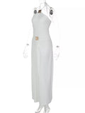 Backless Ruched Halter Neck Maxi Dress