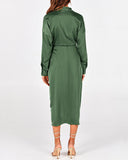 BTFBM Summer Dresses for Women 2025 Long Sleeve Lapel V Neck Button Down Elegant Belted Ruched Satin Shirt Fall Dress
