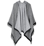stylesilove Women Diamond Knit Open Front Hooded Poncho Fringe Black Geometric Cape Oversized Cardigan Fall Winter Wrap Shawl