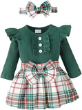Stylesilove Infant Baby Girls Ribbed Long Sleeve Cotton Bodysuit, Plaid Skirt & Headband 3pcs Christmas Holiday Outfit
