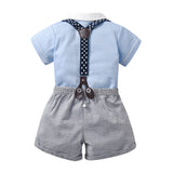 stylesilove Infant Baby Boys Blue Bowtie Romper and Plaid Shorts, Star Suspenders Gentleman Suit 3pcs Outfit