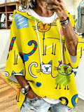 Cartoon Cat Print Hoodie with 3/4 Sleeves & Drawstring