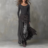 Women's Leopard Print Ribbed Knit Maxi Dress – Long Sleeve High Waist Full Skirt