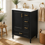 24" Modern Bathroom Vanity with Ceramic Sink, Soft-Close Door, 3 Drawers