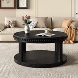 31.5-Inch Round Solid Wood Coffee Table, Two-Tier Open Storage, Black