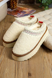 White Embroidered Sherpa Plush Thick Sole Winter Slippers