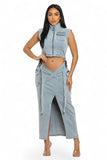 Woman wearing a denim sleeveless jacket and skirt set on a white background