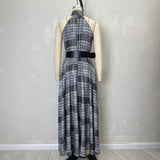 Sleeveless Plaid High Waist Lace-Up A-Line Maxi Dress for Women – Black & White Check