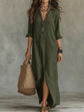 Women's Solid Color Notch Lapel Front Slit Maxi Dress | Casual Long Shirt Dress