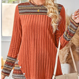 Women's Elegant Geometric Pattern Pullover - Lightweight Long Sleeve Button Blouse