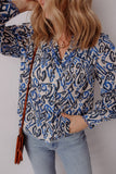 Blue Bohemian Print Embroidered V Neckline Detail Long Sleeve Shirt