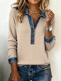 Denim Collar Patchwork Pullover Knitwear Top – Women’s Street Style