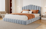 Velvet Upholstered Queen Bed Frame with Shell-Shaped Headboard