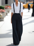 Women's High Waist Wide Leg Pants with Detachable Shoulder Straps & Pockets