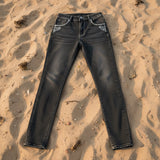 Women's Dark Gray Rhinestone Embroidered Elastic Denim Skinny Pants