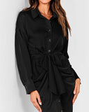 BTFBM Summer Dresses for Women 2025 Long Sleeve Lapel V Neck Button Down Elegant Belted Ruched Satin Shirt Fall Dress